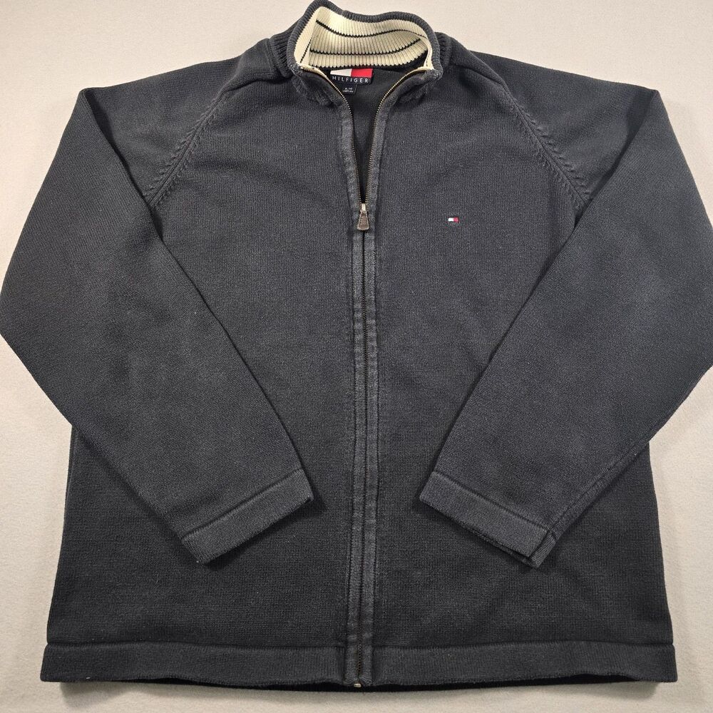 Vintage Tommy Hilfiger Men’s XL Black Full Zip Mock Neck Sweater 100% Cotton